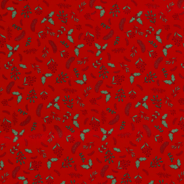 Cotton Poplin fabric Christmas twigs Red