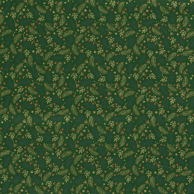 Cotton Poplin fabric Christmas twigs Green