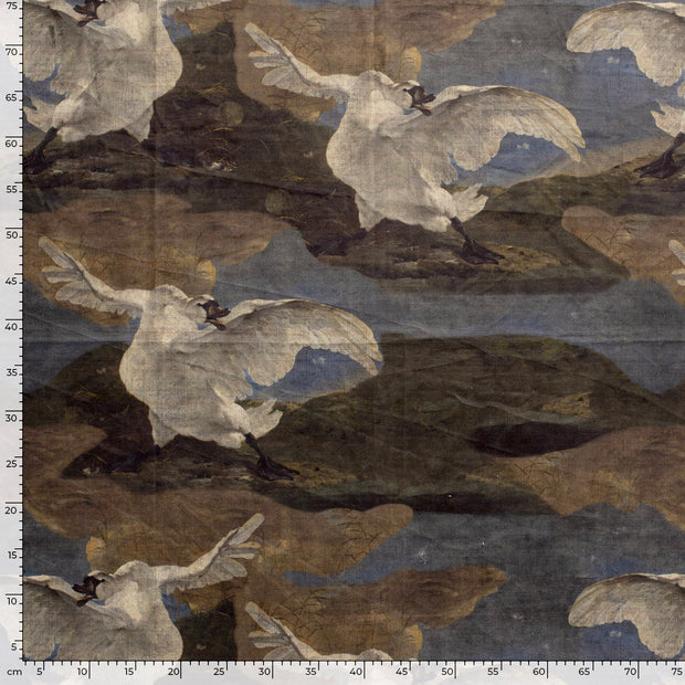 Velvet fabric Swans Brown