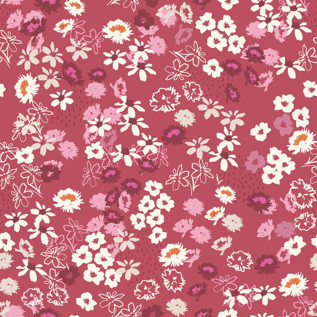 Popeline de Viscose tissu fleurs Rouge Bordeaux