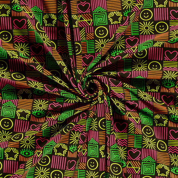 French Terry fabric Black brushed neon printed 