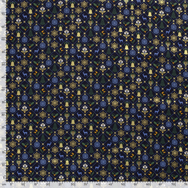 Cotton Poplin fabric Christmas ornaments Navy