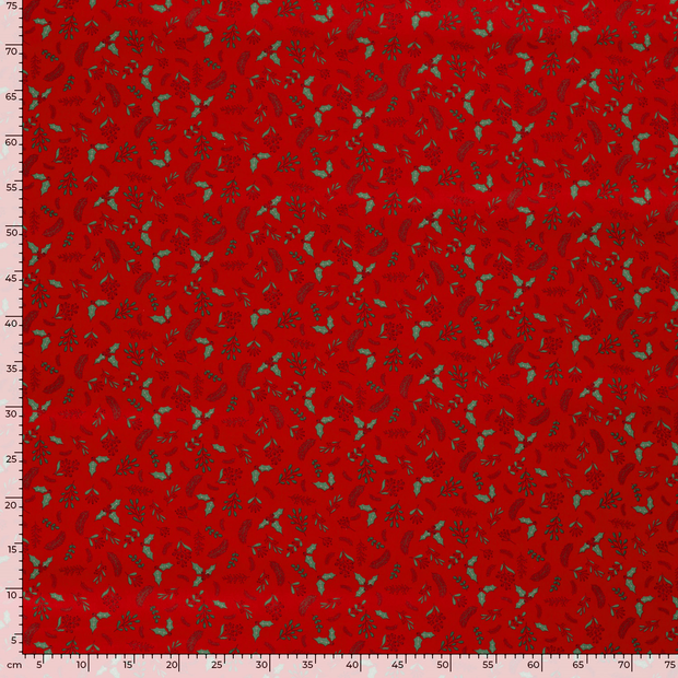 Cotton Poplin fabric Christmas twigs Red