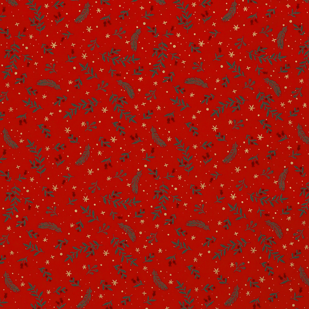 Cotton Poplin fabric Christmas twigs Red