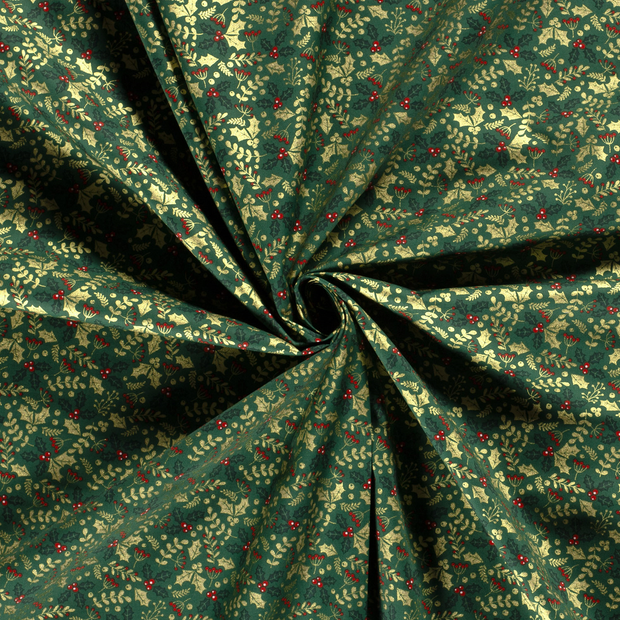 Cotton Poplin fabric Green printed and foil 
