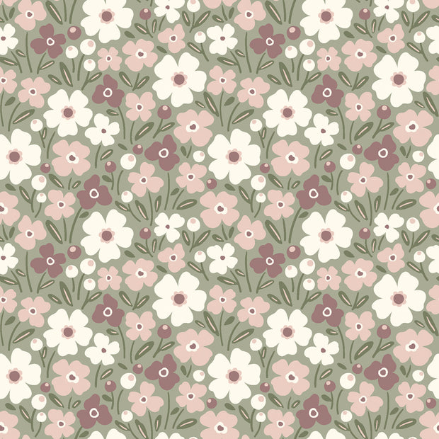 Cotton Poplin fabric Flowers Olive Green