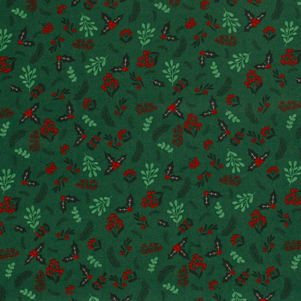 Cotton Poplin fabric Christmas twigs Green
