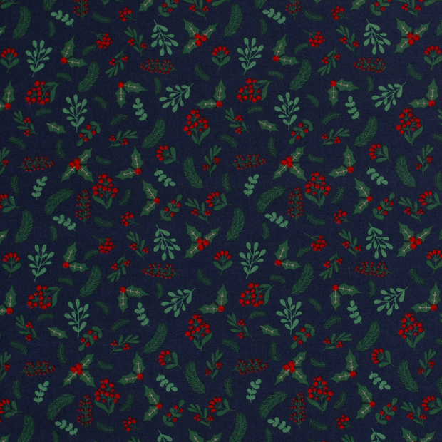 Cotton Poplin fabric Christmas twigs Navy