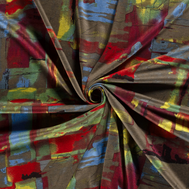 Poly Viscose Jersey fabric Taupe Grey discharge printed 