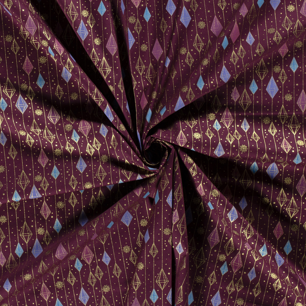 Cotton Poplin fabric Aubergine printed and foil 