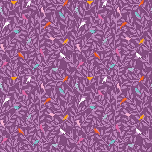 Cotton Poplin fabric Birds Purple