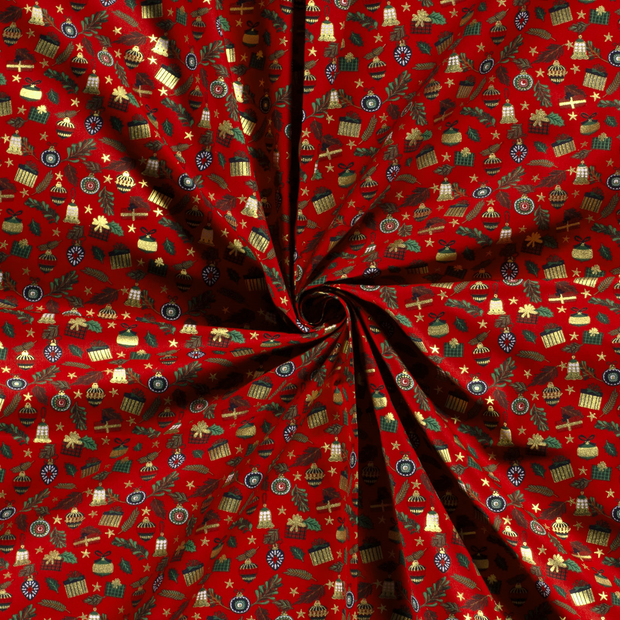 Cotton Poplin fabric Red printed and foil 