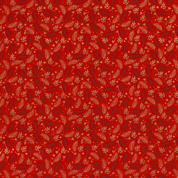 Cotton Poplin fabric Christmas twigs Red