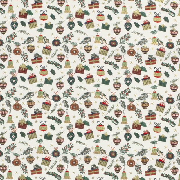 Cotton Poplin fabric Christmas ornaments Off White