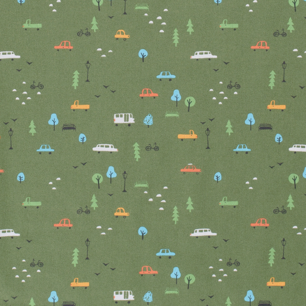 Cotton Poplin fabric Cars Khaki Green