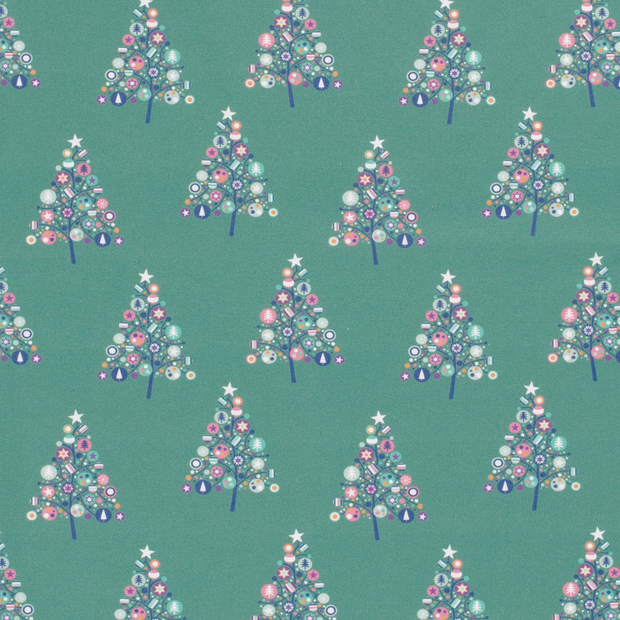Cotton Poplin fabric Christmas snowflakes Green