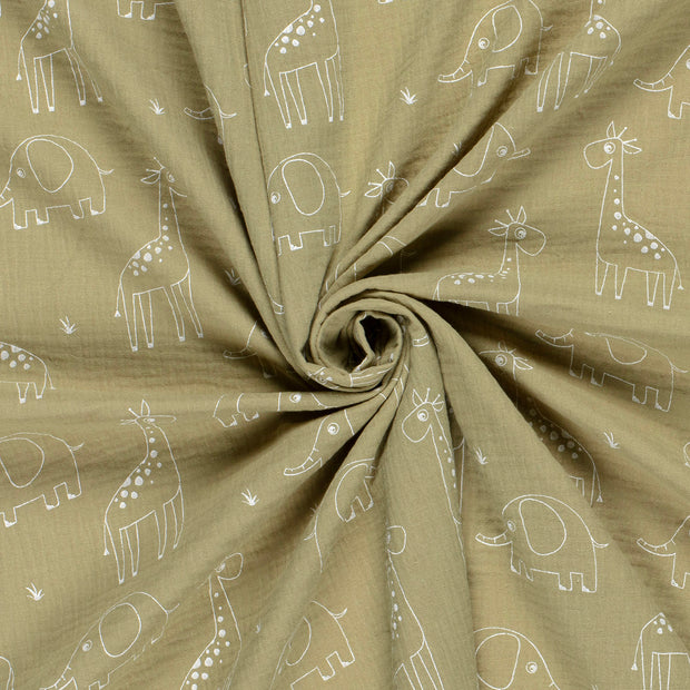 Muslin fabric Olive Green dyed and printed 
