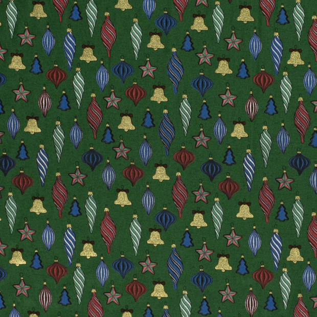 Cotton Poplin fabric Christmas balls Green