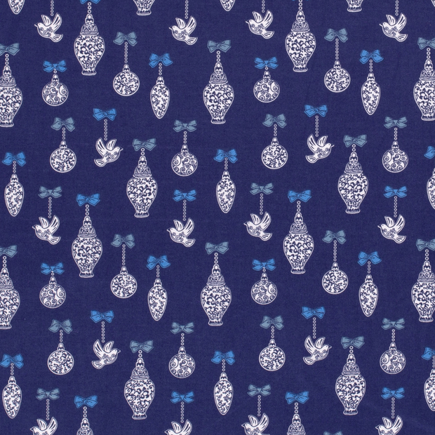 Cotton Poplin fabric Christmas ornaments Navy