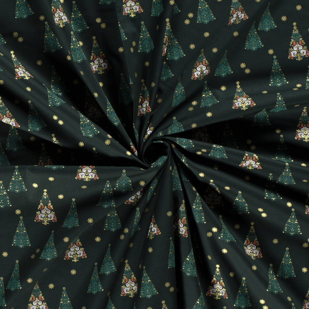 Cotton Poplin fabric Dark Green printed and foil 