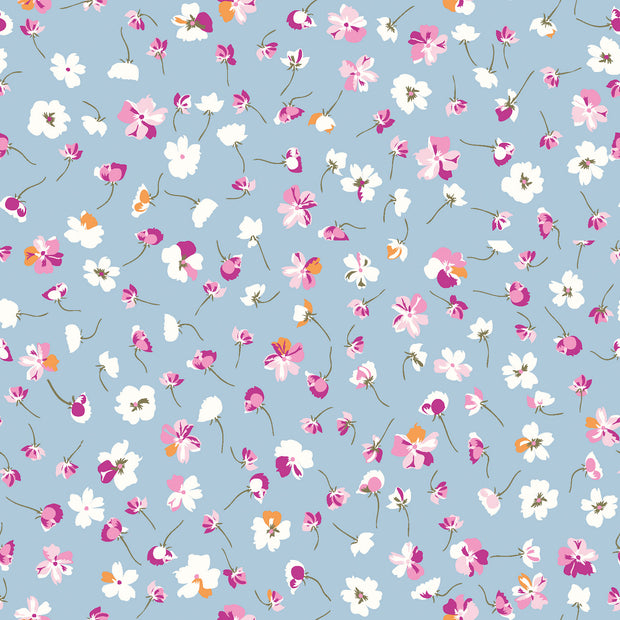Popeline de Coton tissu fleurs Bleu bébé