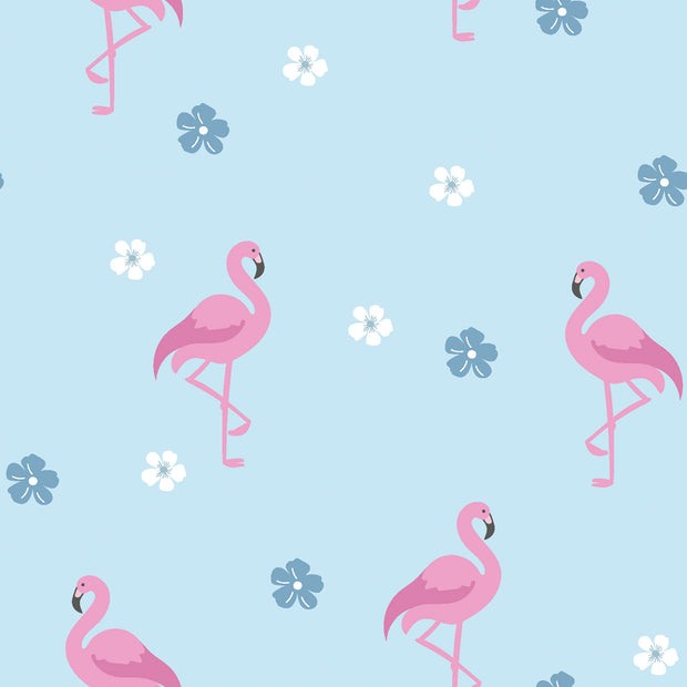 Katoen Poplin stof Flamingo's Babyblauw