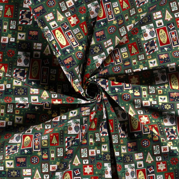Cotton Poplin fabric Green printed and foil 