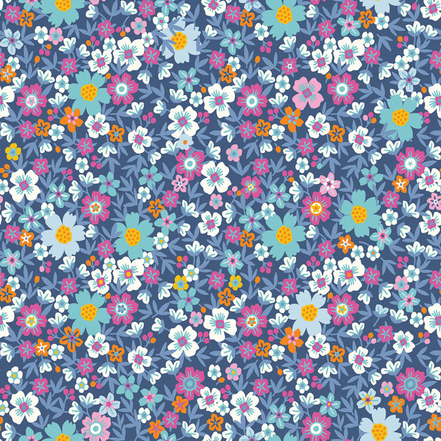 Popeline de Coton tissu fleurs Bleu acier