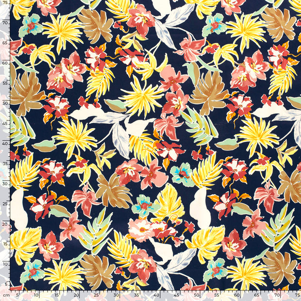 Cotton Satin fabric Flowers Navy