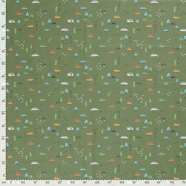 Cotton Poplin fabric Cars Khaki Green