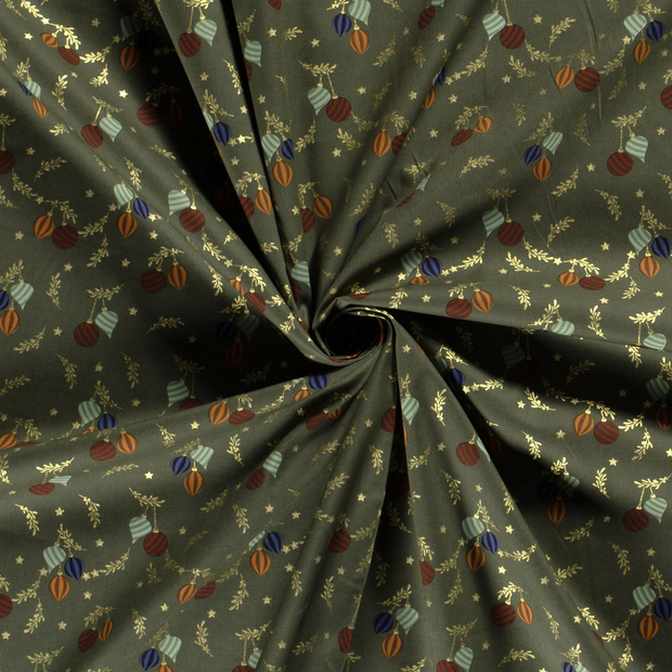 Cotton Poplin fabric Green printed and foil 