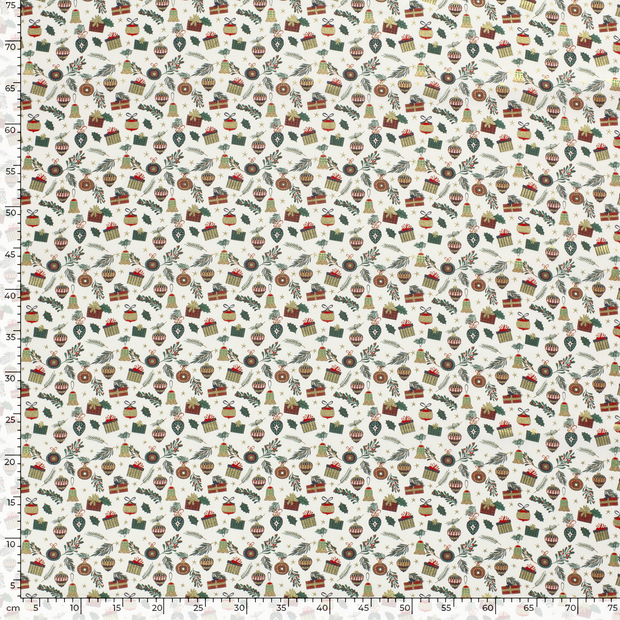 Cotton Poplin fabric Christmas ornaments Off White