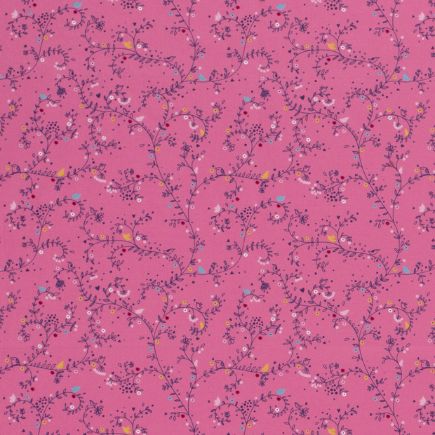 Cotton Poplin fabric Birds Fuchsia