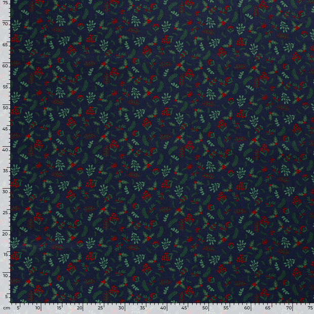 Cotton Poplin fabric Christmas twigs Navy