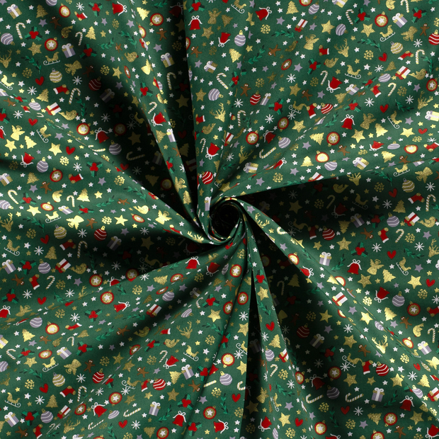 Cotton Poplin fabric Green printed and foil 