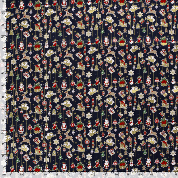 Cotton Poplin fabric Christmas ornaments Navy