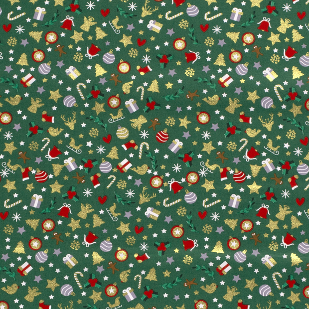 Cotton Poplin fabric Christmas ornaments Green