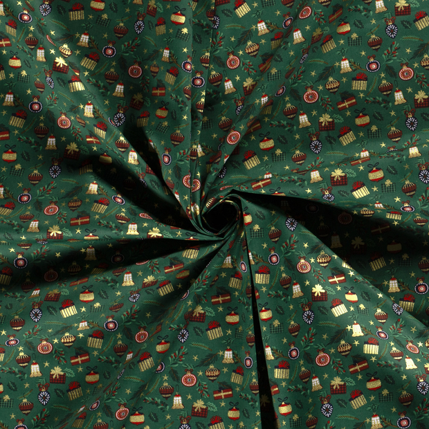 Cotton Poplin fabric Green printed and foil 