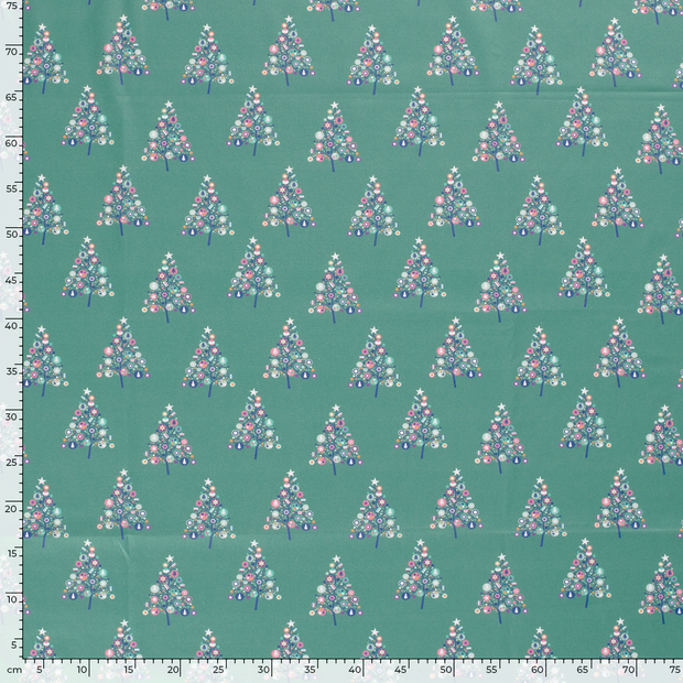 Cotton Poplin fabric Christmas snowflakes Green