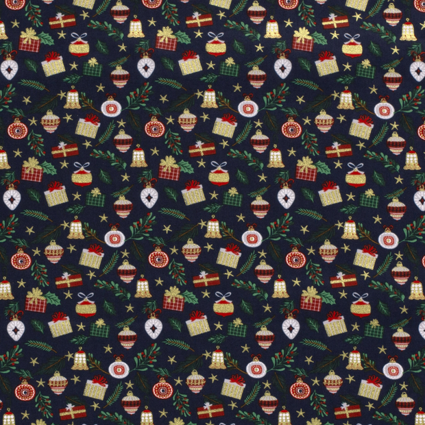 Cotton Poplin fabric Christmas ornaments Navy
