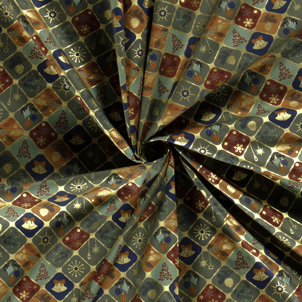 Cotton Poplin fabric Green printed and foil 