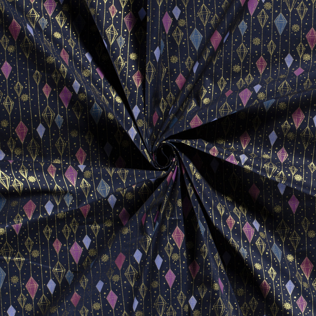 Cotton Poplin fabric Navy printed and foil 
