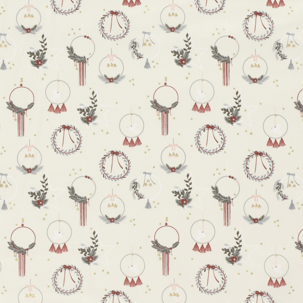 Cotton Poplin fabric Christmas ornaments Off White