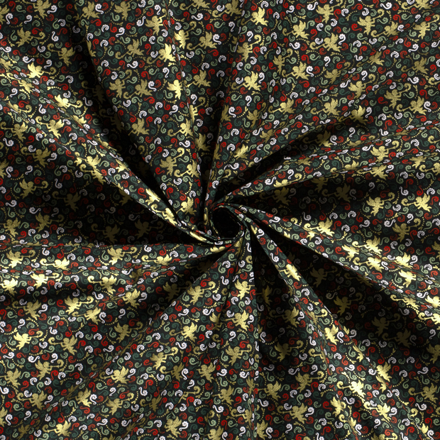 Cotton Poplin fabric Dark Green printed and foil 