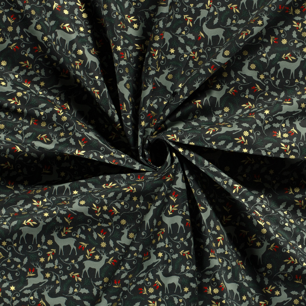 Cotton Poplin fabric Dark Green printed and foil 