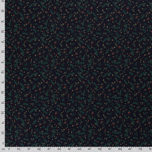 Cotton Poplin fabric Christmas twigs Navy