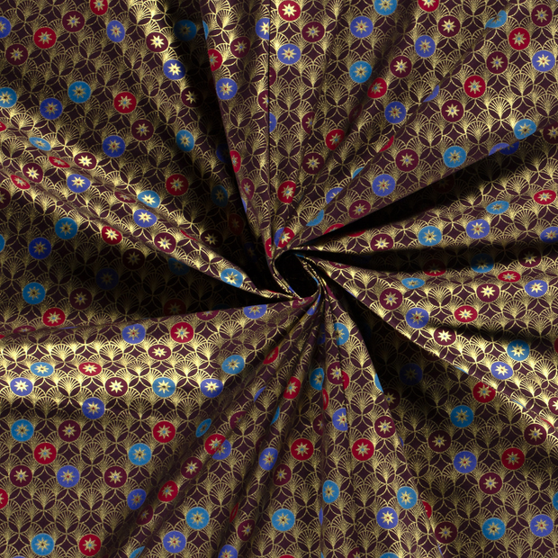 Cotton Poplin fabric Aubergine printed and foil 