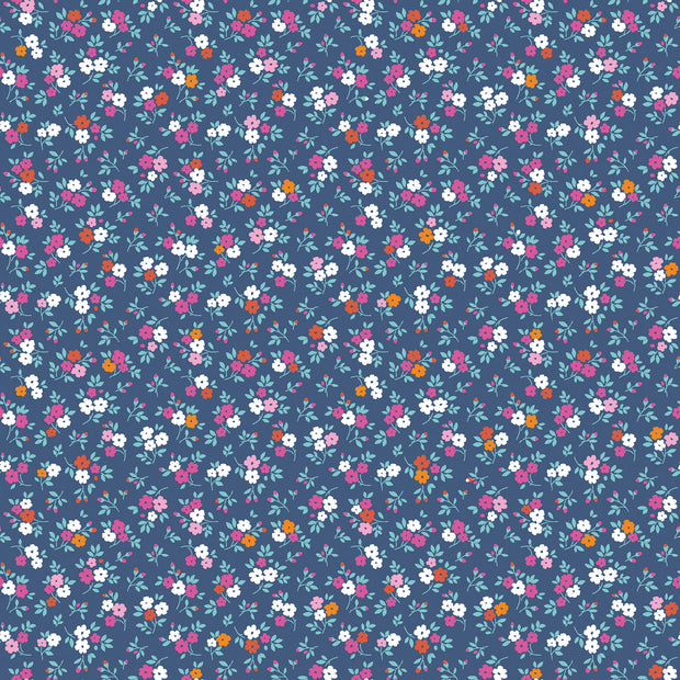 Popeline de Coton tissu fleurs Indigo
