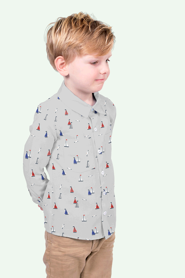 Cotton Poplin fabric Sailboats Light Grey