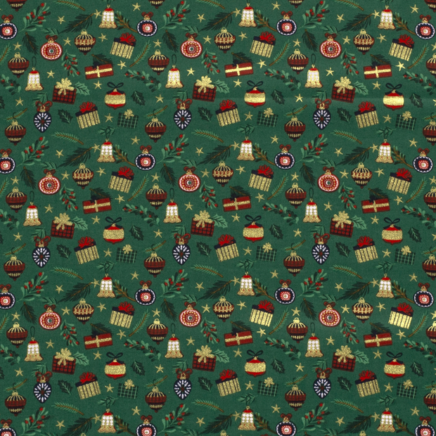 Cotton Poplin fabric Christmas ornaments Green